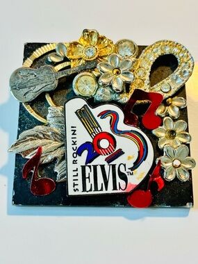 ELVIS Decorative Guitar Pin with Gold and Red Accents Still Rocking VTG